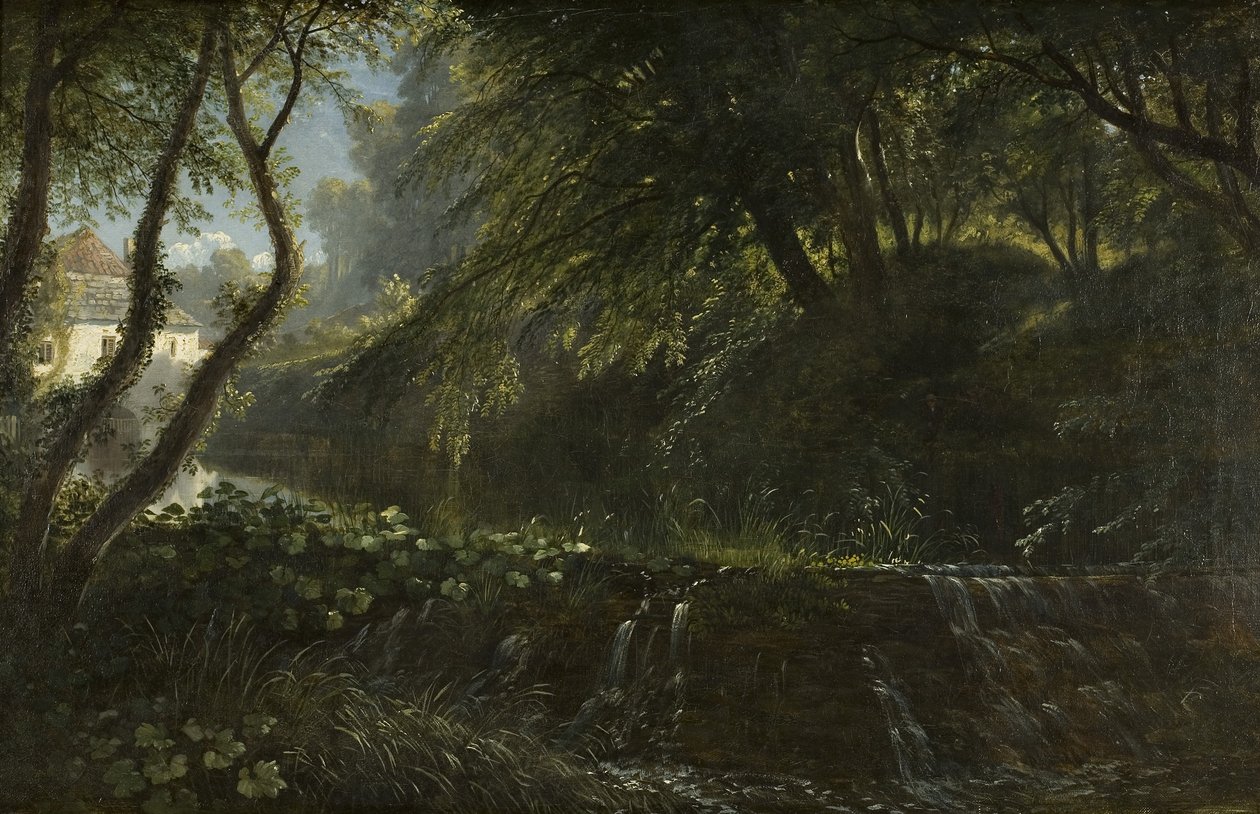 Elvescene med Weir og Mill, ca. 1823 av Francis Danby