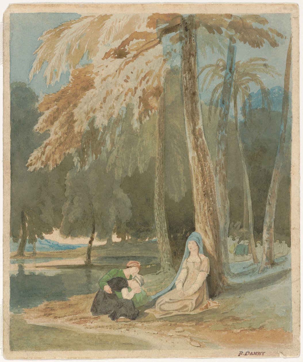 Tre kvinner sitter ved en skogkledd innsjø av Francis Danby