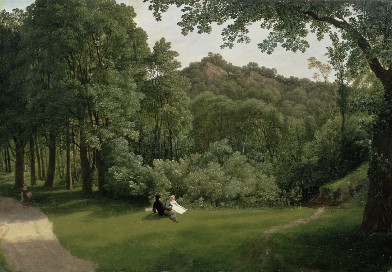 Utsikt over Blaise Castle Woods (olje på panel) av Francis Danby