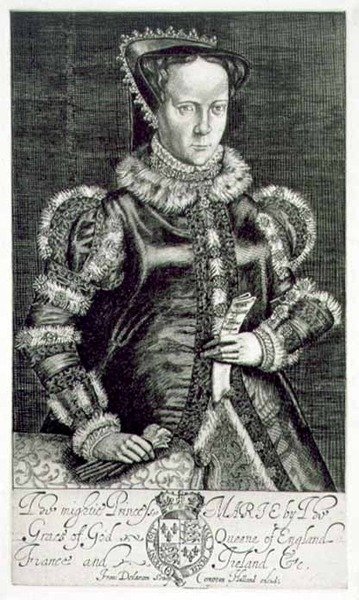 Portrett av Mary I (1516-58) Holder bønnen til Thomas Hongar, gravert av kunstneren, pub. av Compton Holland (gravering) av Francis Delaram