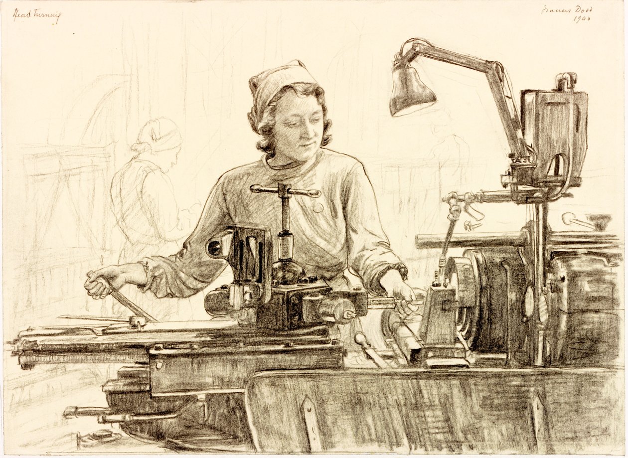 Hodevending (fargestift og blyant på papir) av Francis Dodd