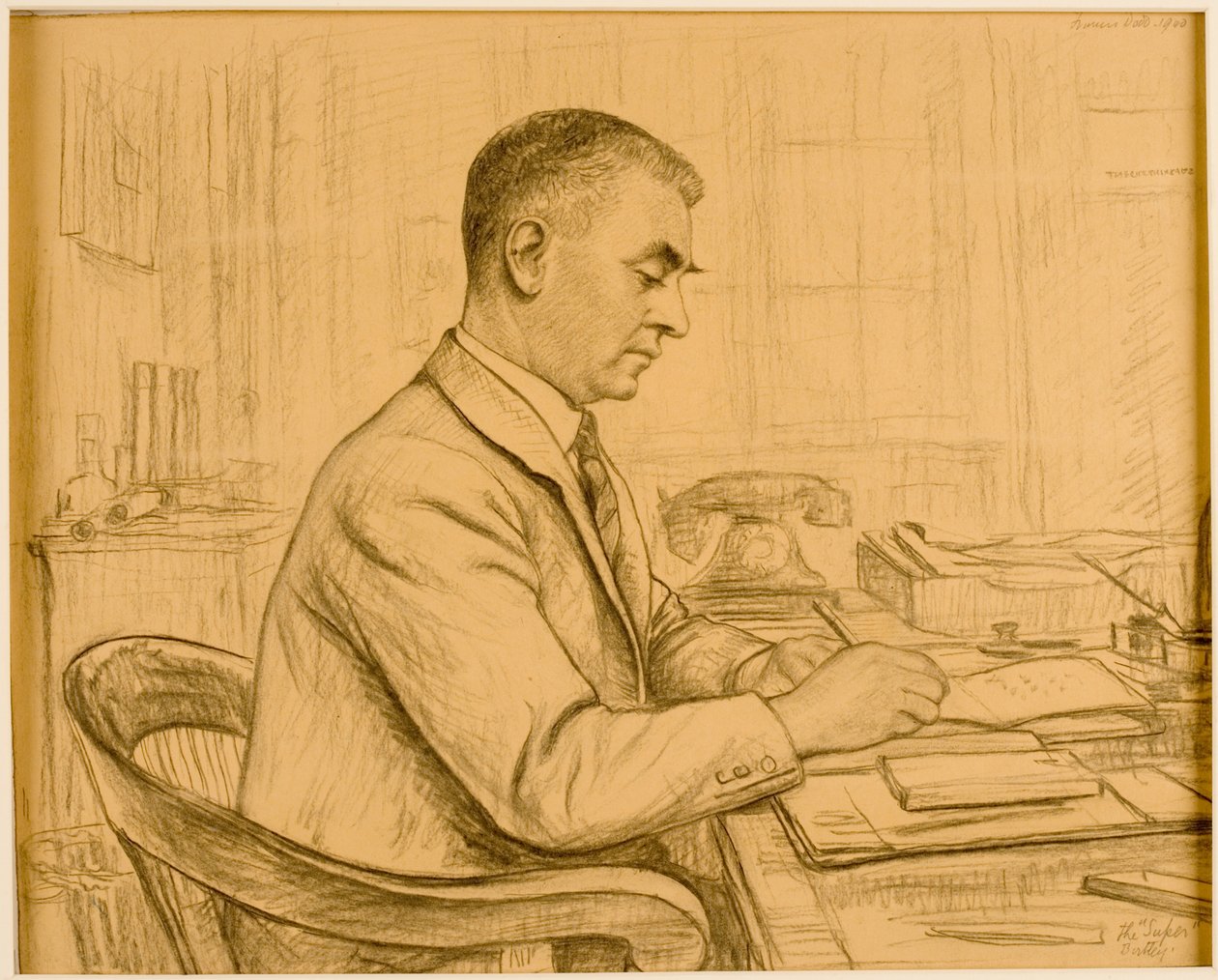 The Superintendent, Birtley (Leonard S. Flatman) (fargestift og blyant på buff-papir) av Francis Dodd