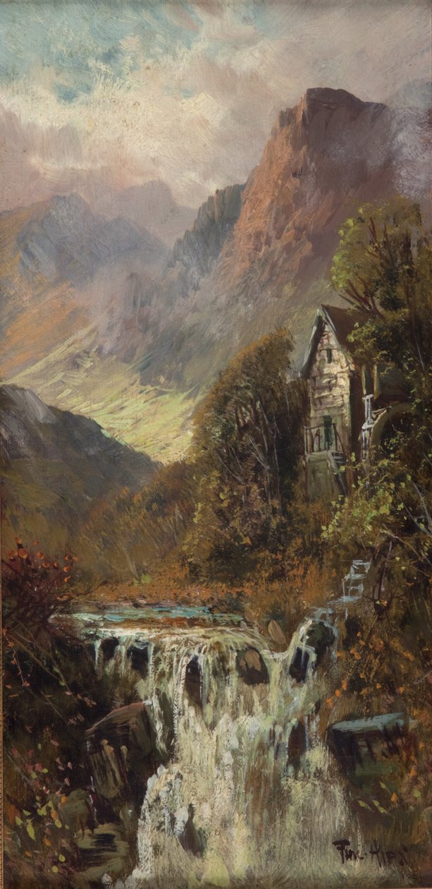 Mølle, foss og fjell, Bodhyfryd (olje på plate) av Francis E. Jamieson
