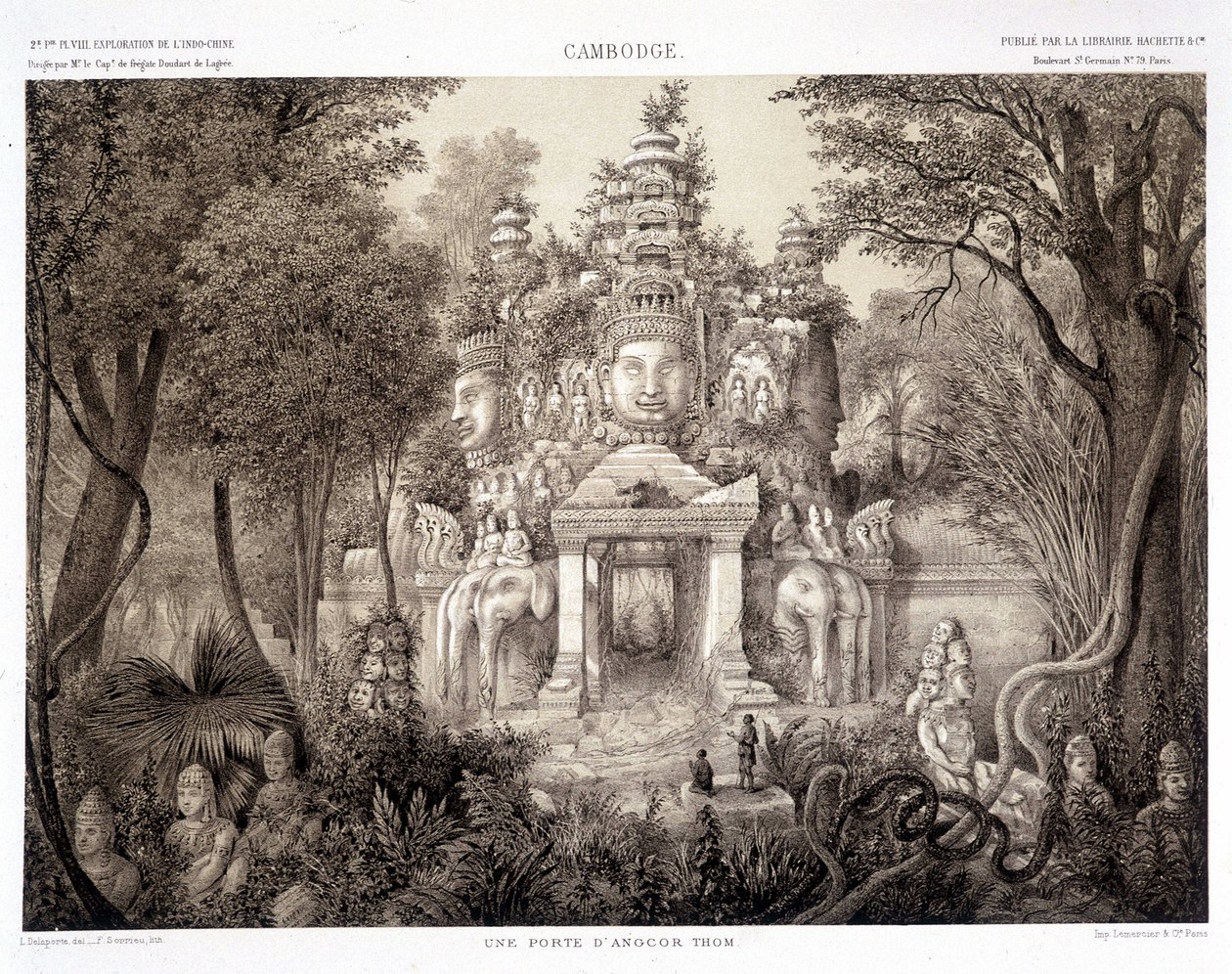 En port fra Angkor Thom, ca. 1870 - i "Utforskningsreise i Indokina 1866-1868"" av Francis Garnier Paris av Francis Garnier