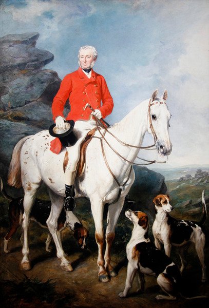 Portrett av Charles Trelawny, Esq., Master of the Dartmoor Hunt, på hans favorittjeger Grimaldi, med hundene Conqueror, Lounger og Windermere av Francis Grant