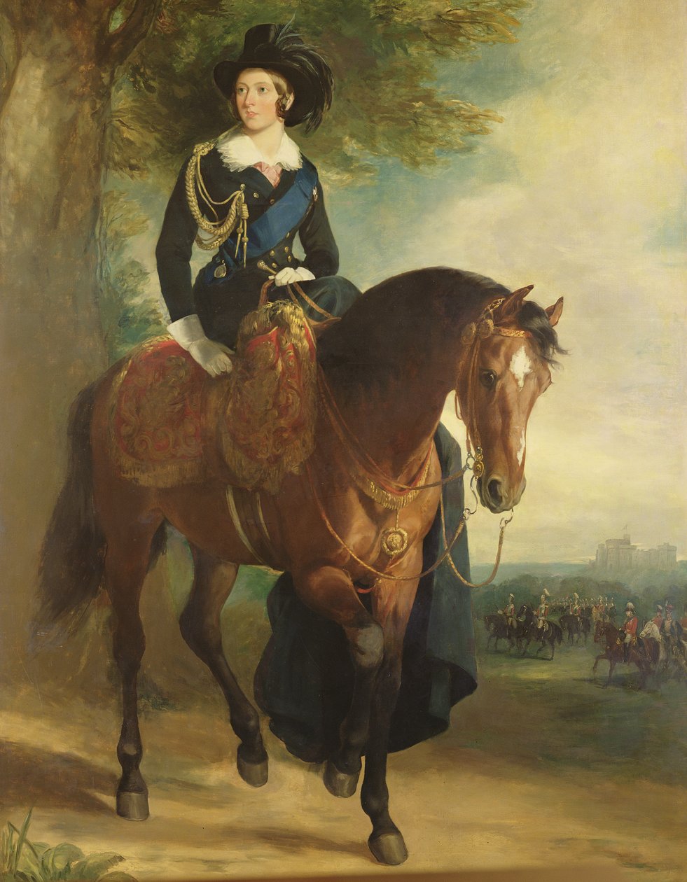 Portrett av dronning Victoria til hest, med Windsor Castle, hertugen av Wellington og husholdningsbrigaden i bakgrunnen av Francis Grant