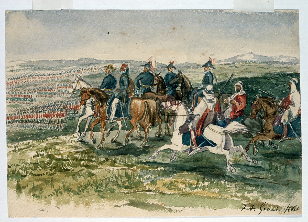 Vaktene og høylanderne mottatt av Omar Pasha og marskalk St Arnaud kommandert av hertugen av Cambridge ved Aladyn, 6. juli 1854 av Francis Grant