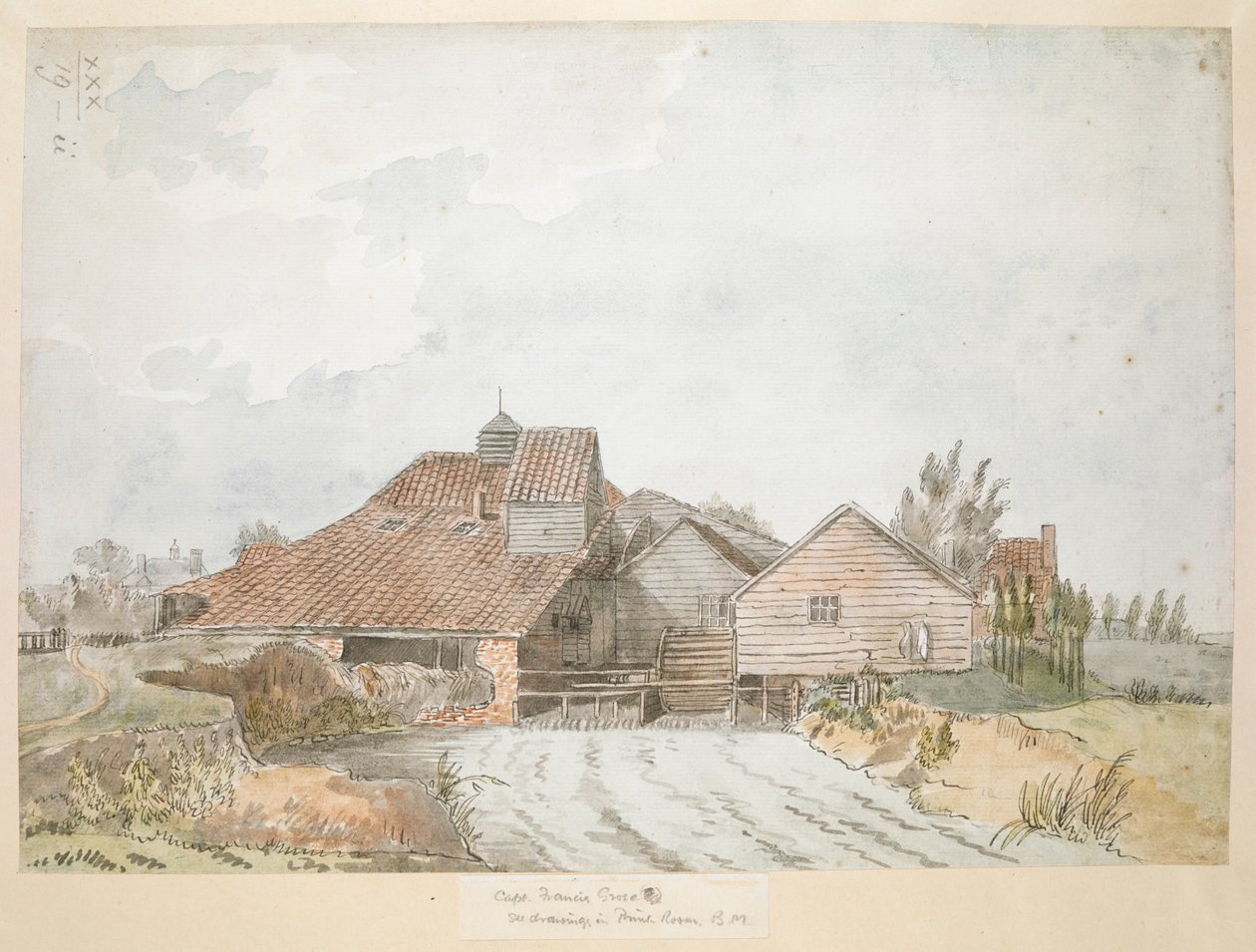 En farget utsikt over en oljemølle, nær Twickenham Common av Francis Grose