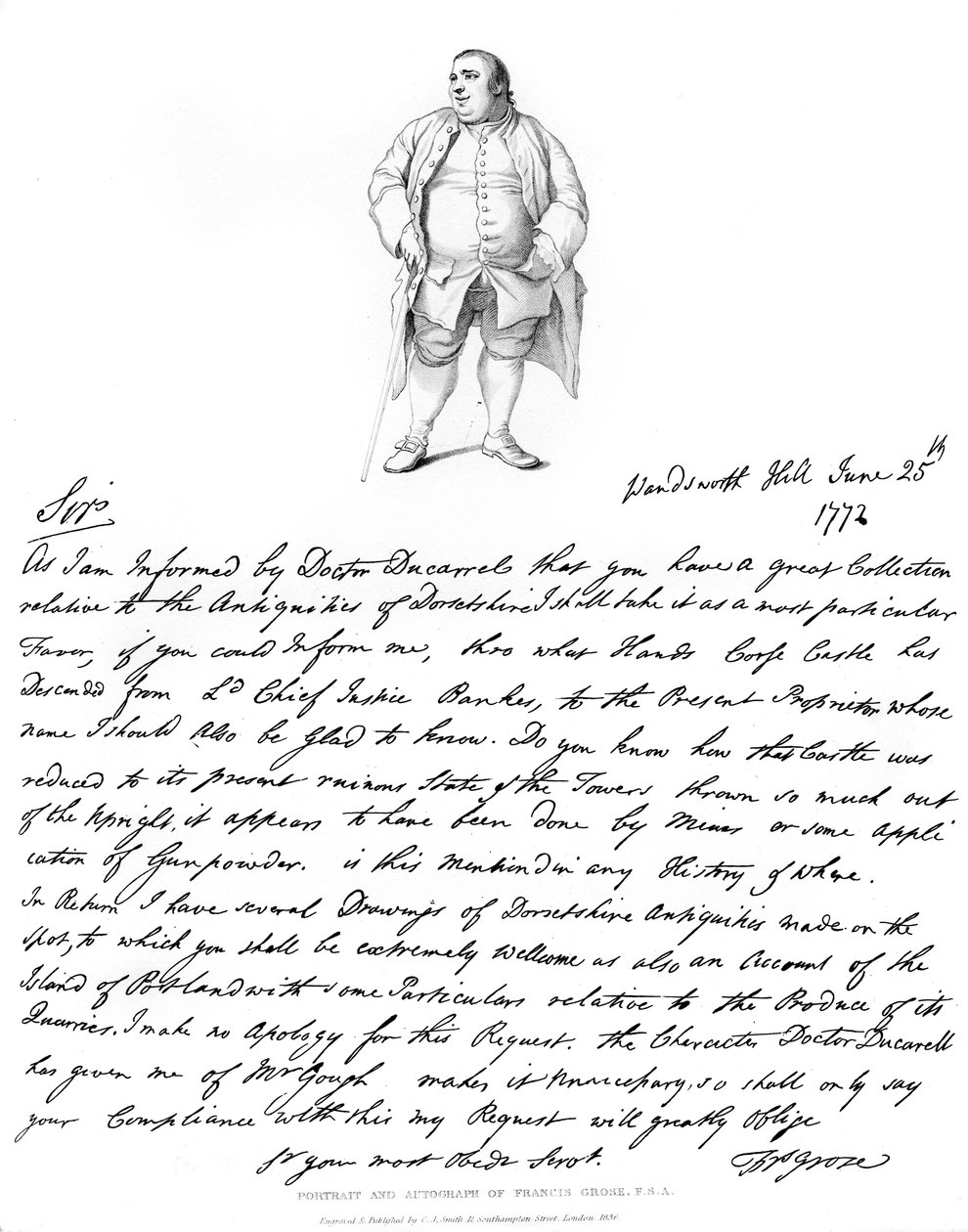 Et brev og portrett av Francis Grose, 1772, 1840. av Francis Grose