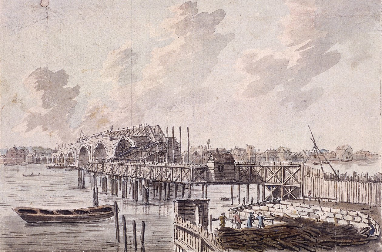 Bygging av Blackfriars Bridge, London, c1762. av Francis Grose