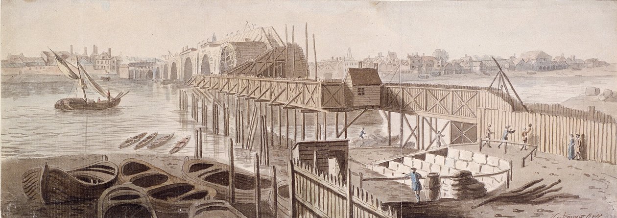 Bygging av Blackfriars Bridge, c1762 av Francis Grose