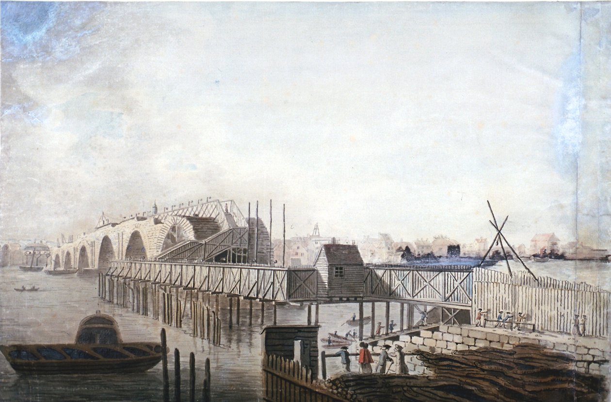 Utsikt over den midlertidige broen ved Blackfriars, London, 1762 av Francis Grose