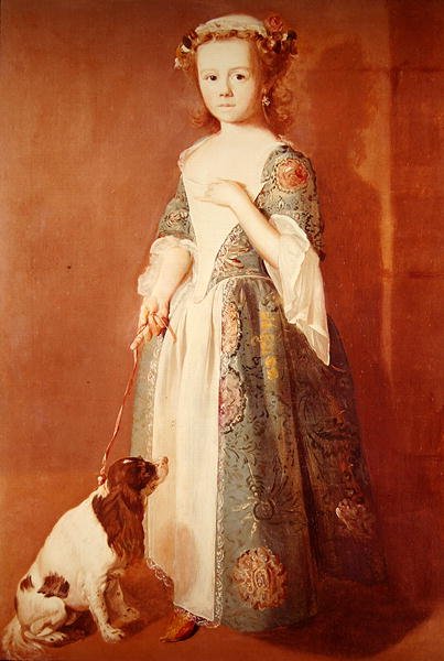 Liten jente med en hund (olje på lerret) av Francis Hayman