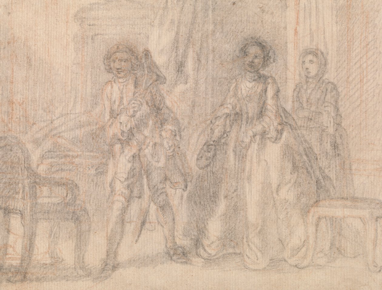 Scene fra et skuespill, muligens Benjamin Hoadleys "The Suspicious Husband" av Francis Hayman