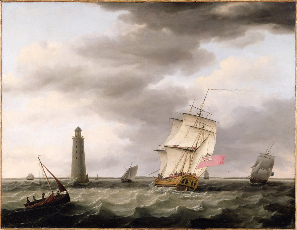 En krigsmann passerer Eddystone fyrtårn, ca. 1773 av Francis Holman