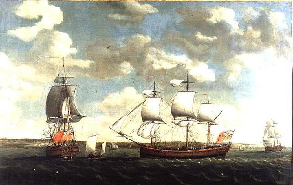 Portrett av en østindiamann i tre stillinger utenfor Portsmouth av Francis Holman