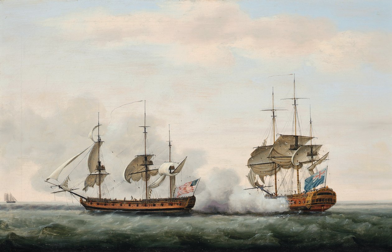 East India Companys skip Bridgewater forsvarte lasten hennes fra et angrep fra den amerikanske kapereren Hampden på vei fra St. Helena til England 8. mars 1779 av Francis Holman