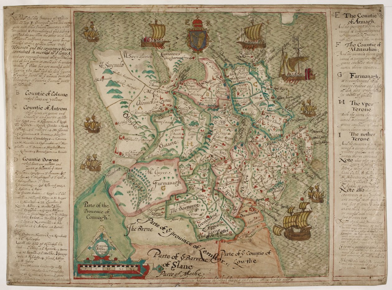 Kart over Ulster (penn og blekk med vask på papir) av Francis Jobson