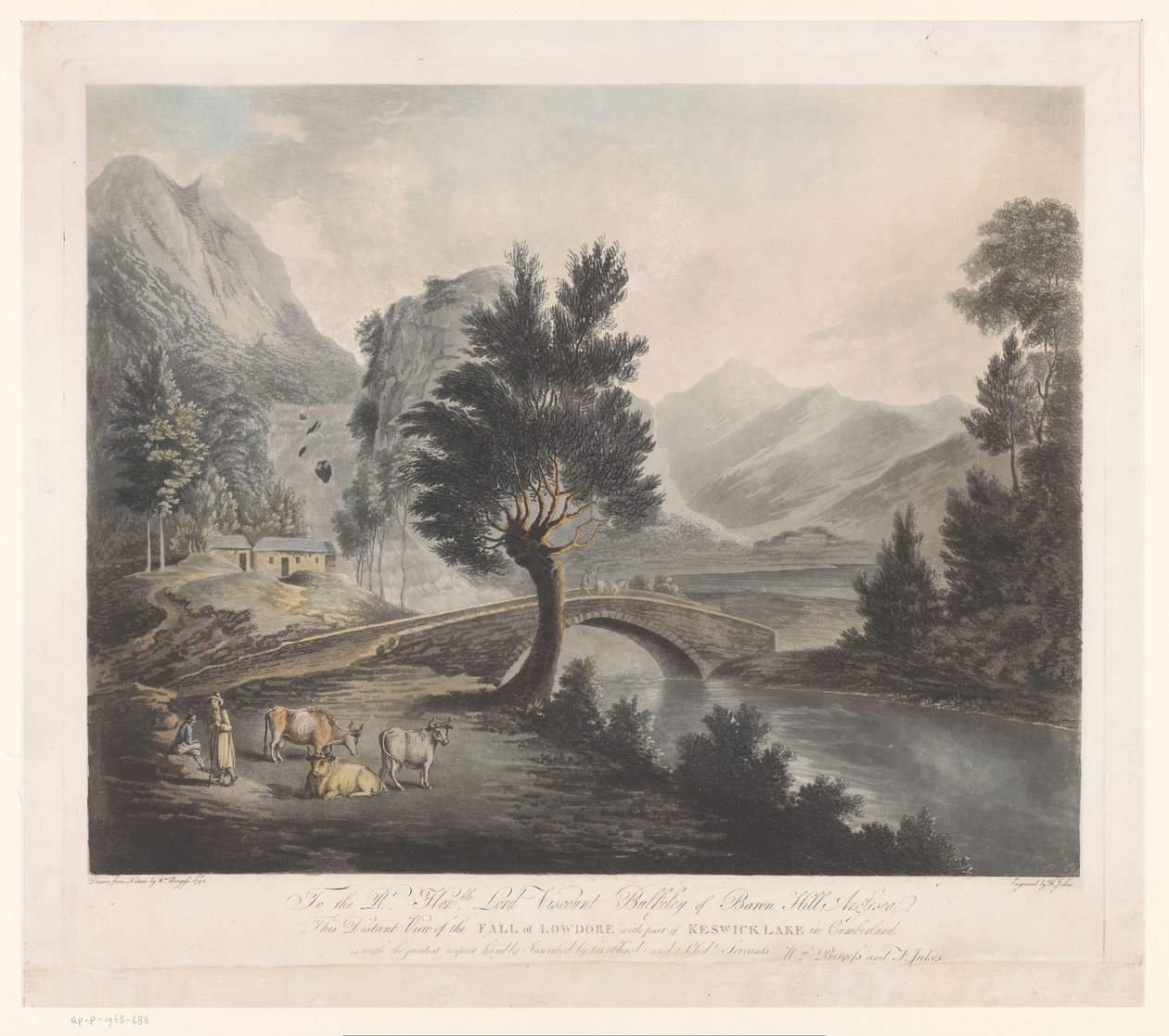Utsikt over Lake Keswick med Lodore Falls Fjern utsikt over fallet av Lowdore med en del av Keswick Lake i Cumberland (tittel på objekt) av Francis Jukes