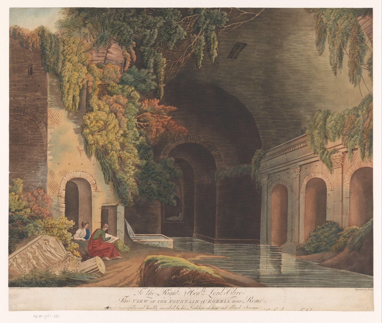 To kunstnere ved Nymphaeum of Egeria i Caffarella-parken nær Roma Utsikt over Egeria-fontenen nær Roma (tittel på objekt) av Francis Jukes