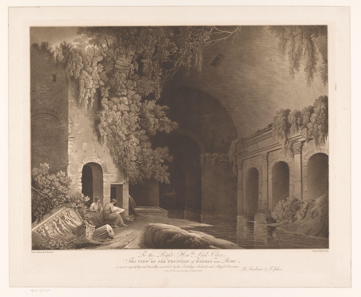 To kunstnere ved Nymphaeum of Egeria i Caffarella-parken nær Roma Utsikt over Egeria-fontenen nær Roma (tittel på objekt) av Francis Jukes