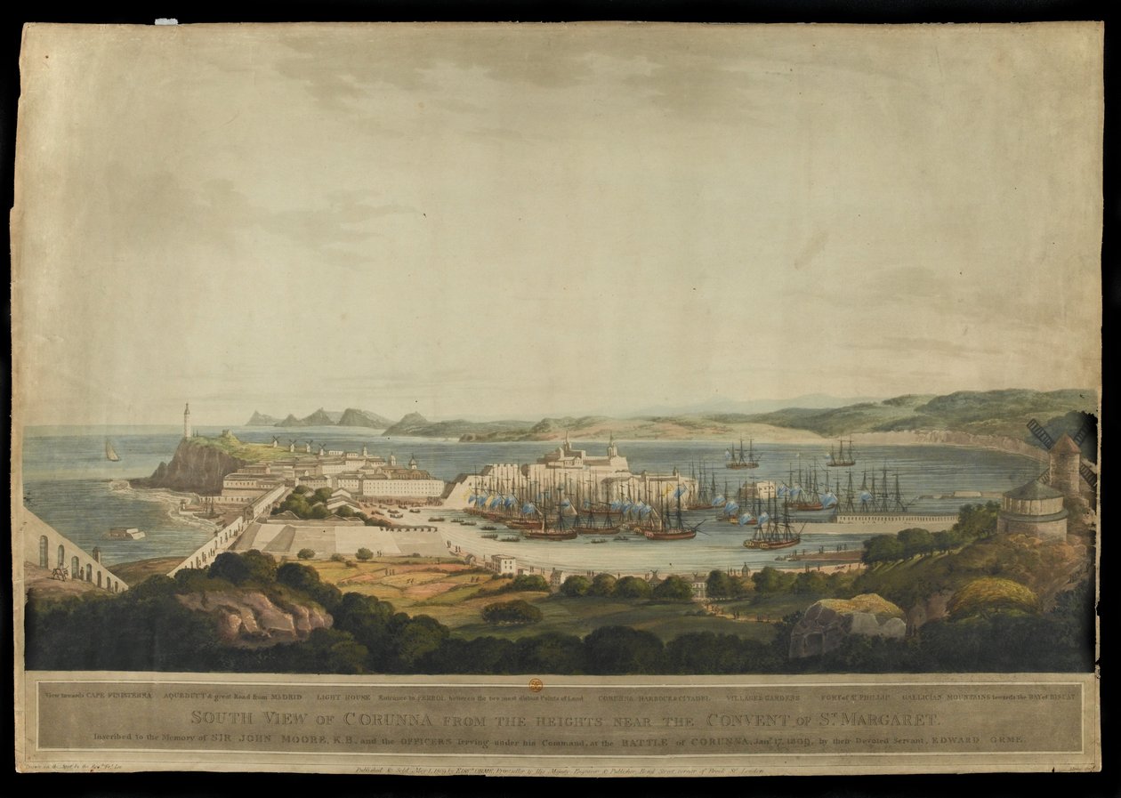 Sørutsikt over Corunna fra høyden nær klosteret St. Margaret, gravert av H. Merke, utgitt i 1809 (farget akvatint) av Francis Lee