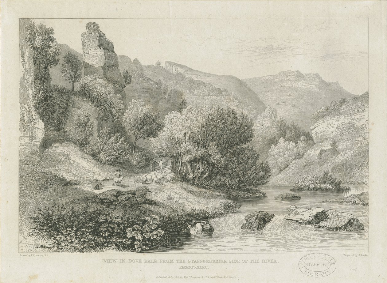 Dovedale - landskap: gravering og [1800-tallet] av Francis Legatt Chantrey