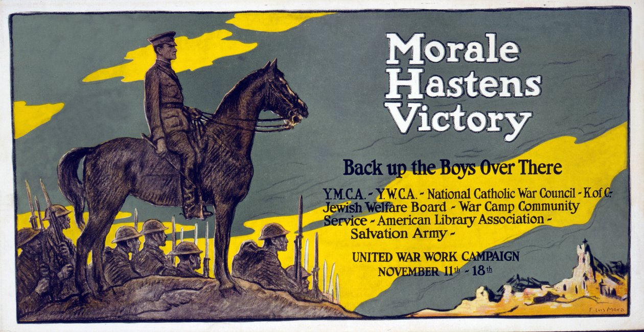 Moralen fremskynder Victory - Back up the Boys over there United War Work Campaign, 11. - 18. november, pub. 1918 av Francis Luis Mora