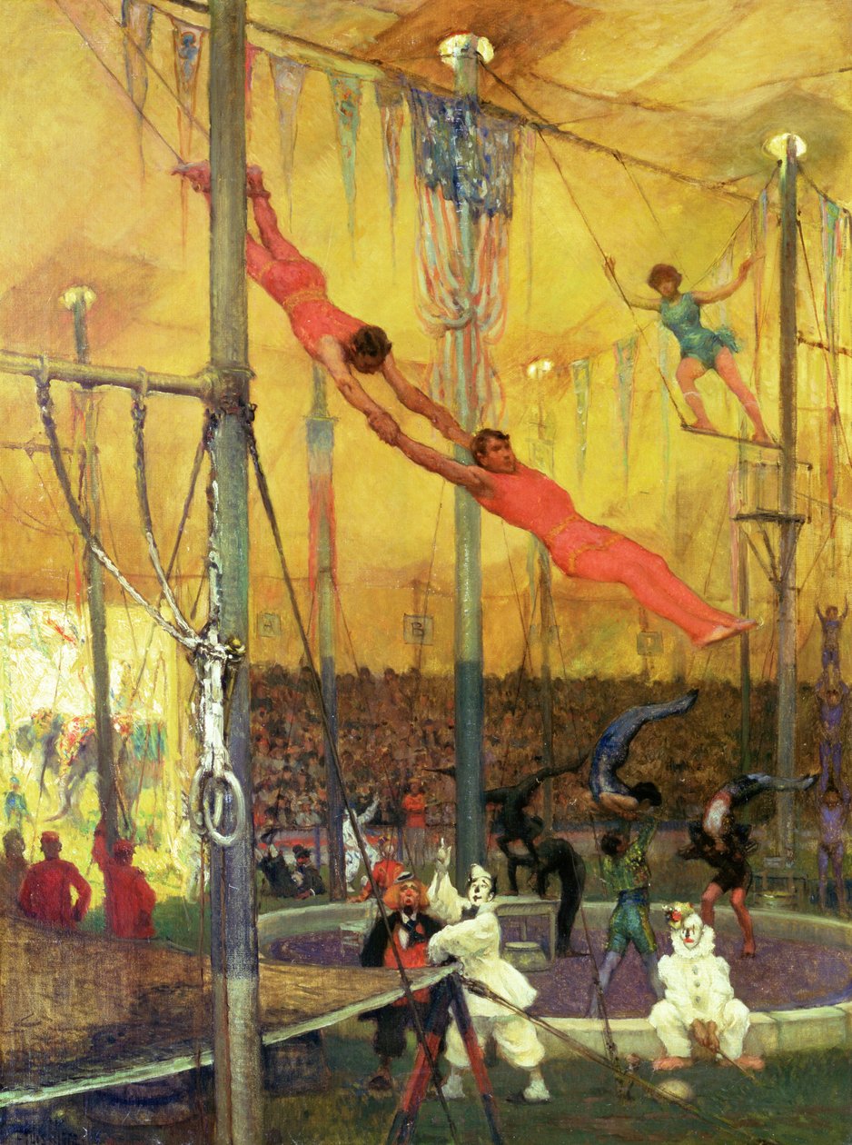 Trapeskunstnere (olje på lerret) av Francis Luis Mora