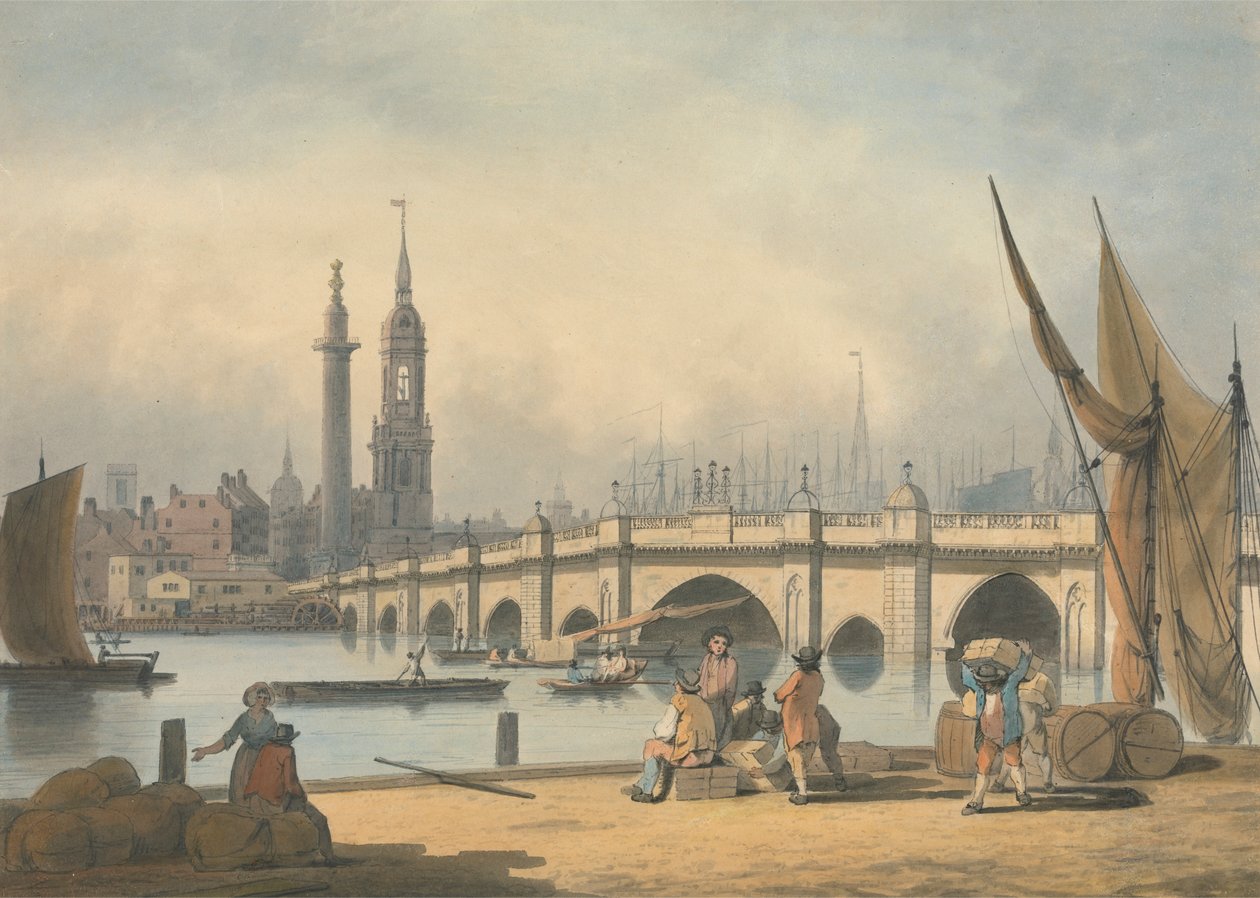 London Bridge og monumentet av Francis Nicholson
