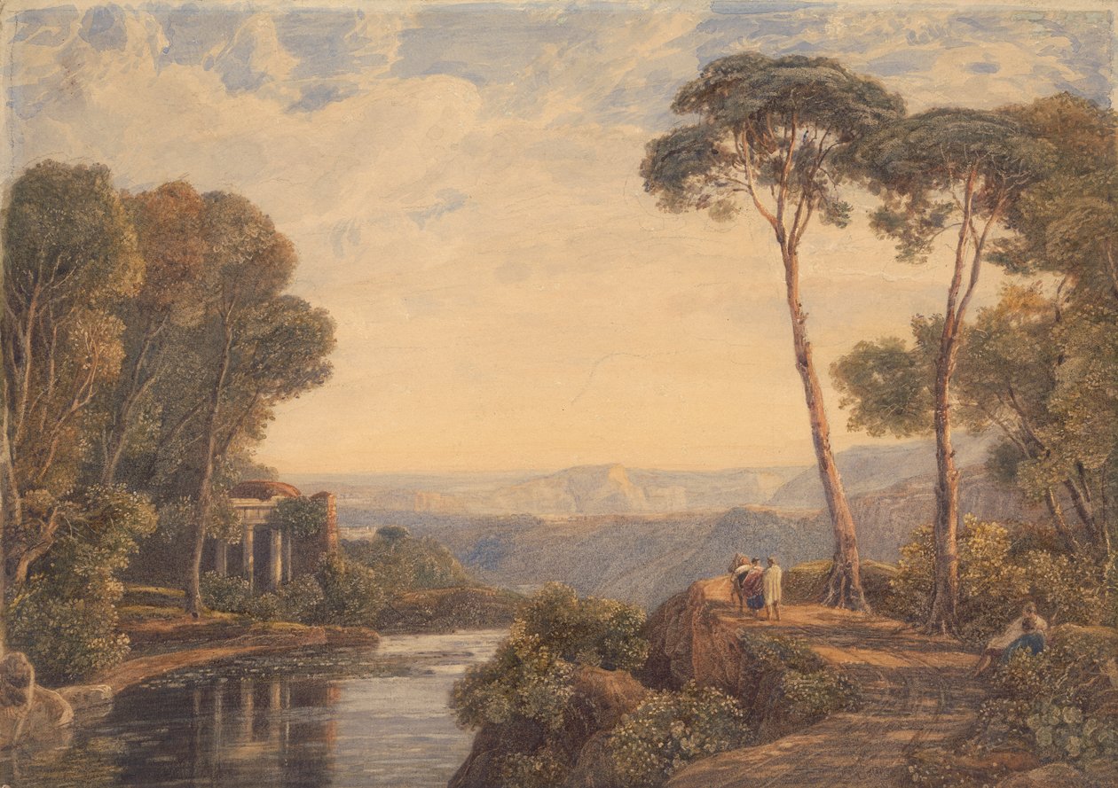 Landskap med et tempel og figurer ved en elv av Francis Oliver Finch