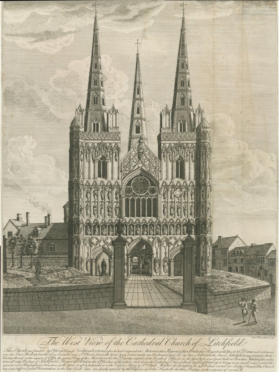 Lichfield Cathedral - West Front: gravering, og [1700-tallet] (trykk) av Francis Perry