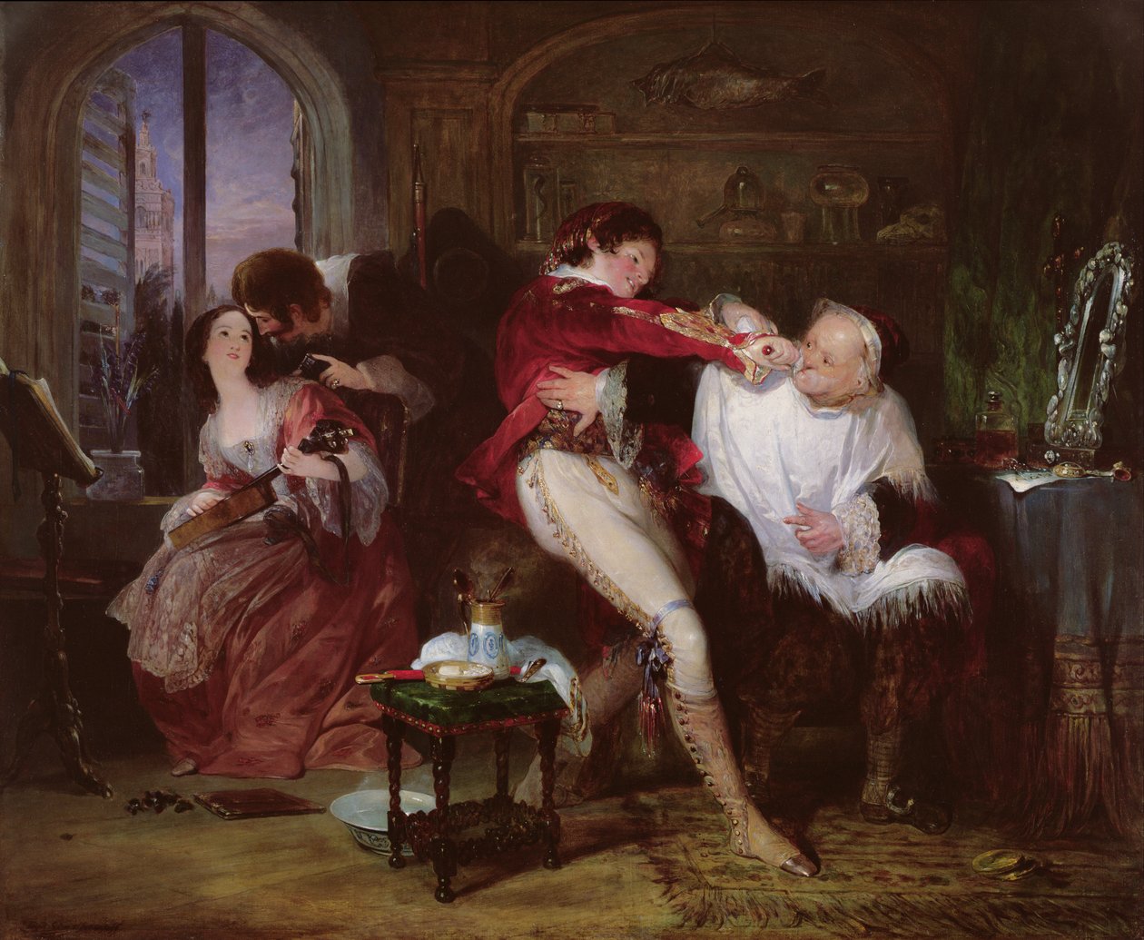 In the House of Dr. Bartolo, en scene fra Beaumarchais-komedien Barberen i Sevilla, ca. 1834 av Francis Phillip Stephanoff
