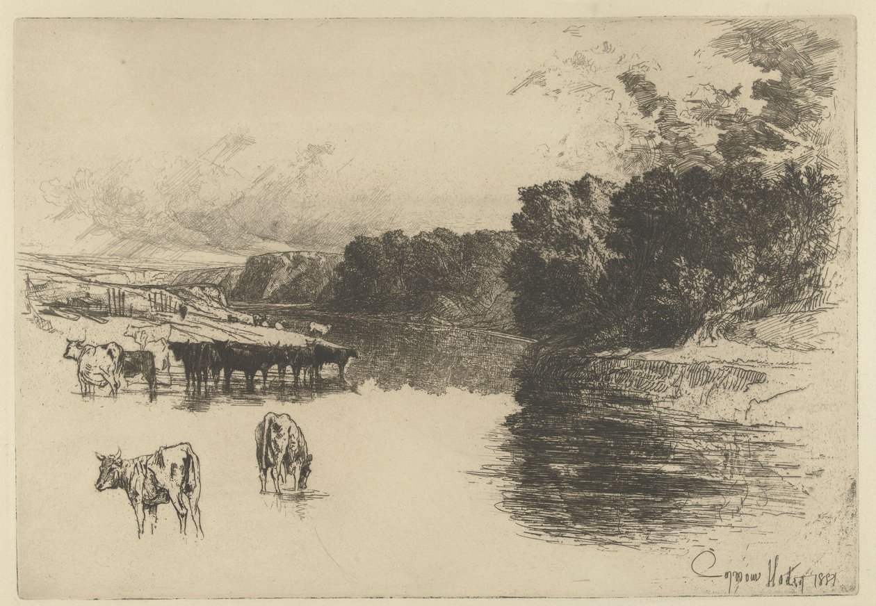 Kyr ved en elv En Lancashire-elv av Francis Seymour Haden (Sir) (signed by artist)