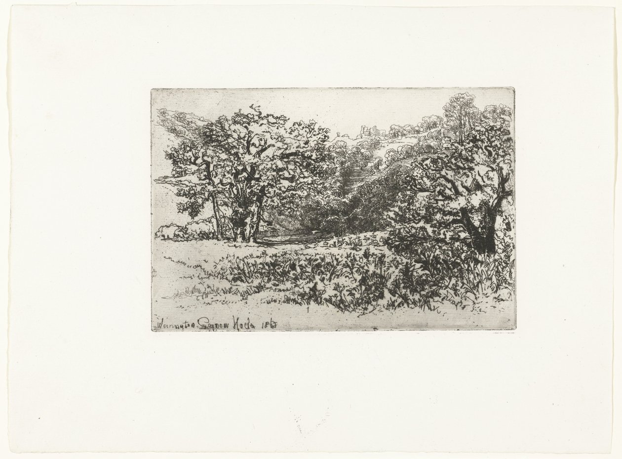 Landskap med en flokk med dyr flokken Werrington (tittel på objekt) av Francis Seymour Haden (Sir) (signed by artist)