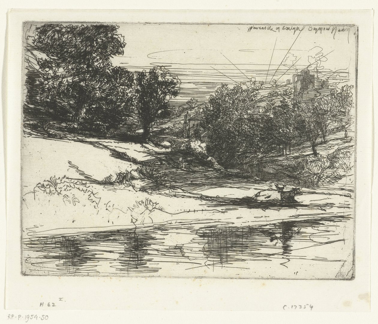 Landschap rond Castell Newydd i Wales Newcastle i Emlyn (tittel på objekt) av Francis Seymour Haden (Sir) (signed by artist)
