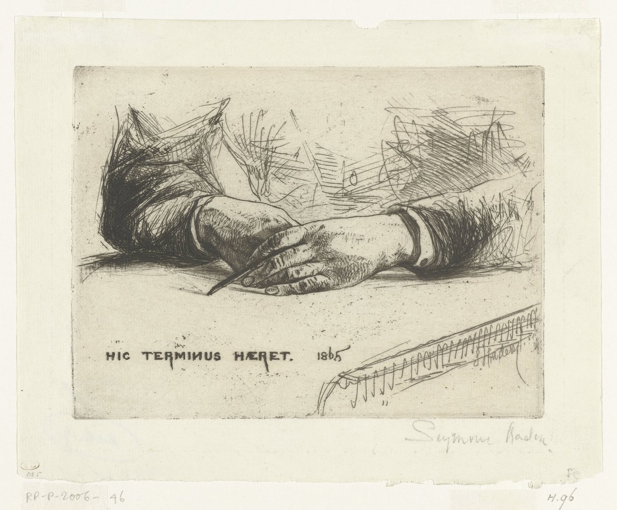 To hender, tegner med kritt. Hender som holder en fargestift Hic Terminus Haeret (tittel på objekt) av Francis Seymour Haden (Sir) (signed by artist)