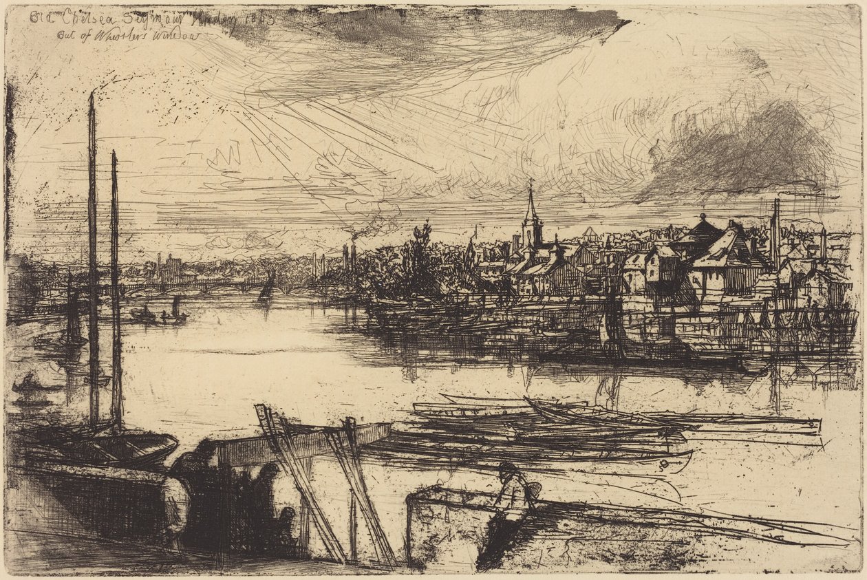 Gamle Chelsea, fra Whistlers vindu (Battersea Reach) av Francis Seymour Haden