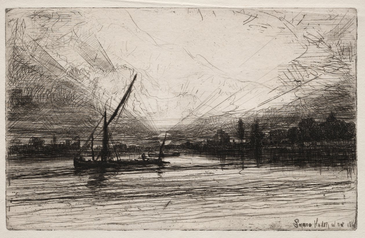 Solnedgang på Themsen, 1862. av Francis Seymour Haden