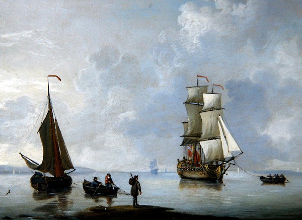 En britisk krigsmann blir slept til Anchor (olje på kobber) av Francis Swaine