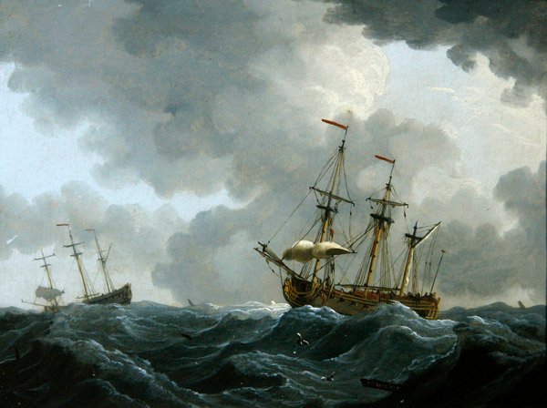En marinesoldat: to fregatter i en storm som nærmer seg (olje på kobber) av Francis Swaine