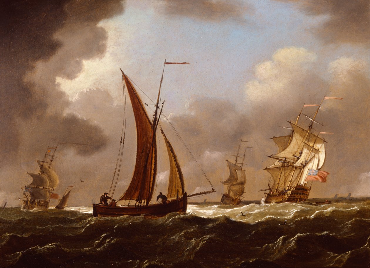 Britiske krigsmenn og fiskebåter i stiv bris (olje om bord) av Francis Swaine