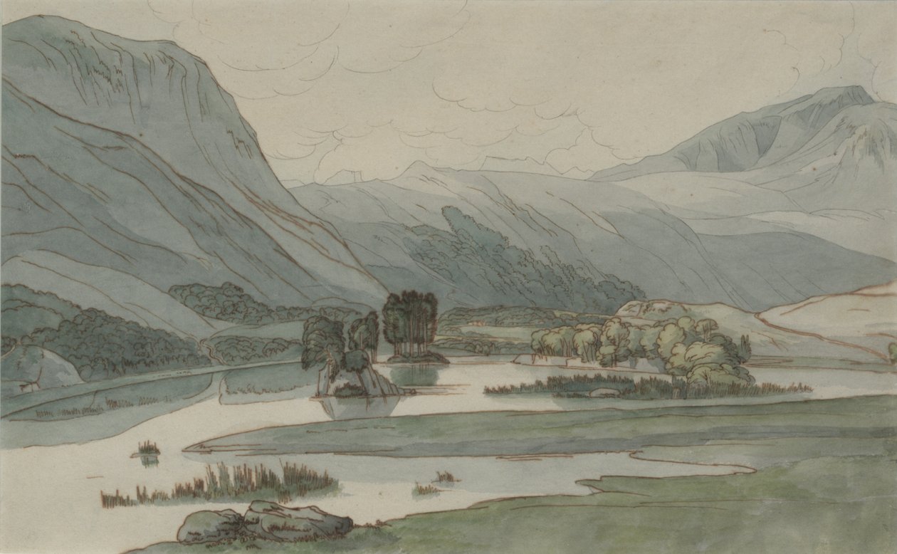 Rydal Water with the Grasmere Hills, 1786 (blyant med penn og blekk og wc på papir) av Francis Towne