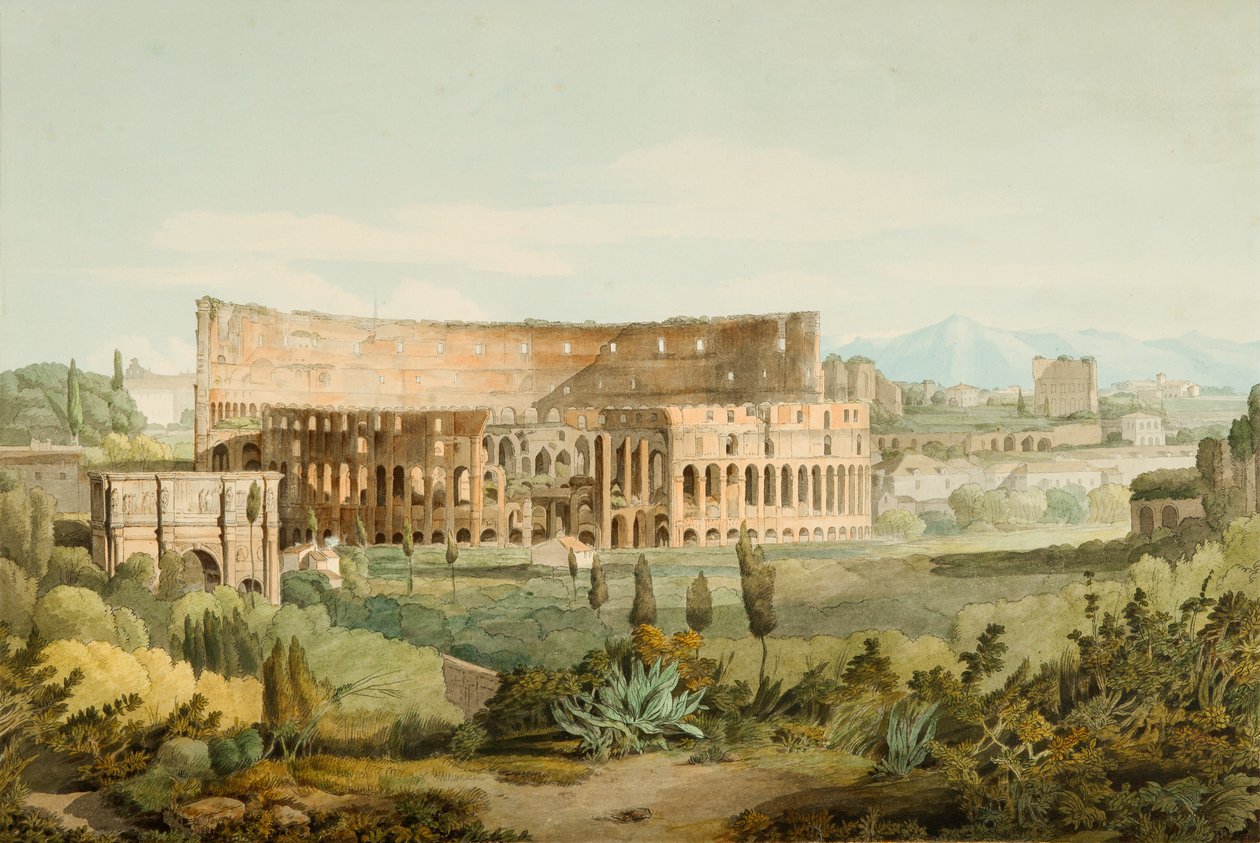 Colosseum fra Caelian Hills, 1799 (penn, blekk og wc på papir) av Francis Towne