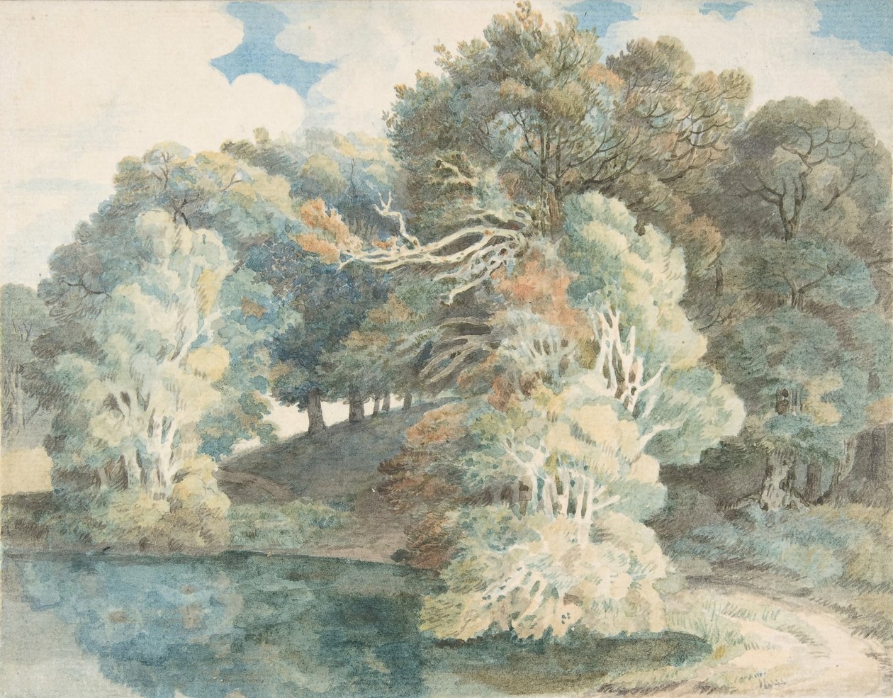 Trær ved innsjøen, Peamore Park, nær Exeter, Devon, 1790-1810. av Francis Towne