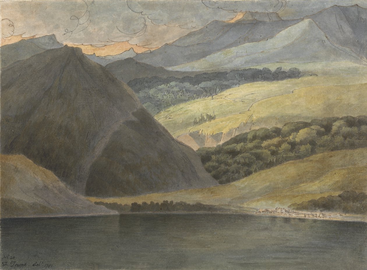 Utsikt over Lago Maggiore om kvelden, 1781 (penn og blekk med wc på papir) av Francis Towne