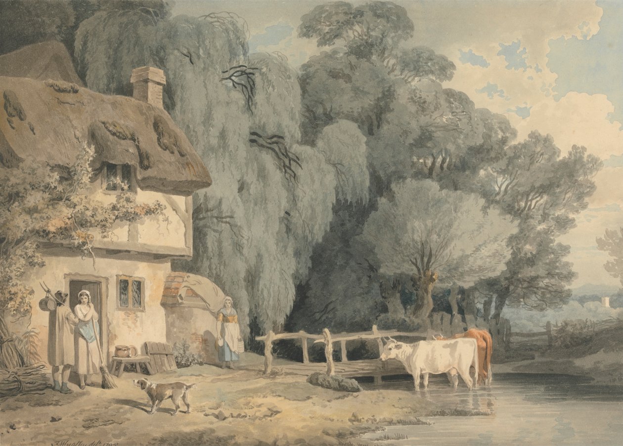 Country Scene: Figurer ved en hyttedør og storfe i en bekk av Francis Wheatley