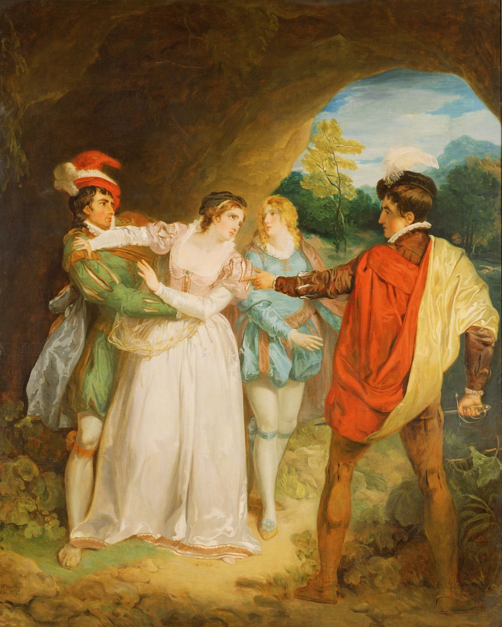 Valentine redder Silvia fra Proteus, fra William Shakespeares "The Two Gentlemen of Verona" av Francis Wheatley