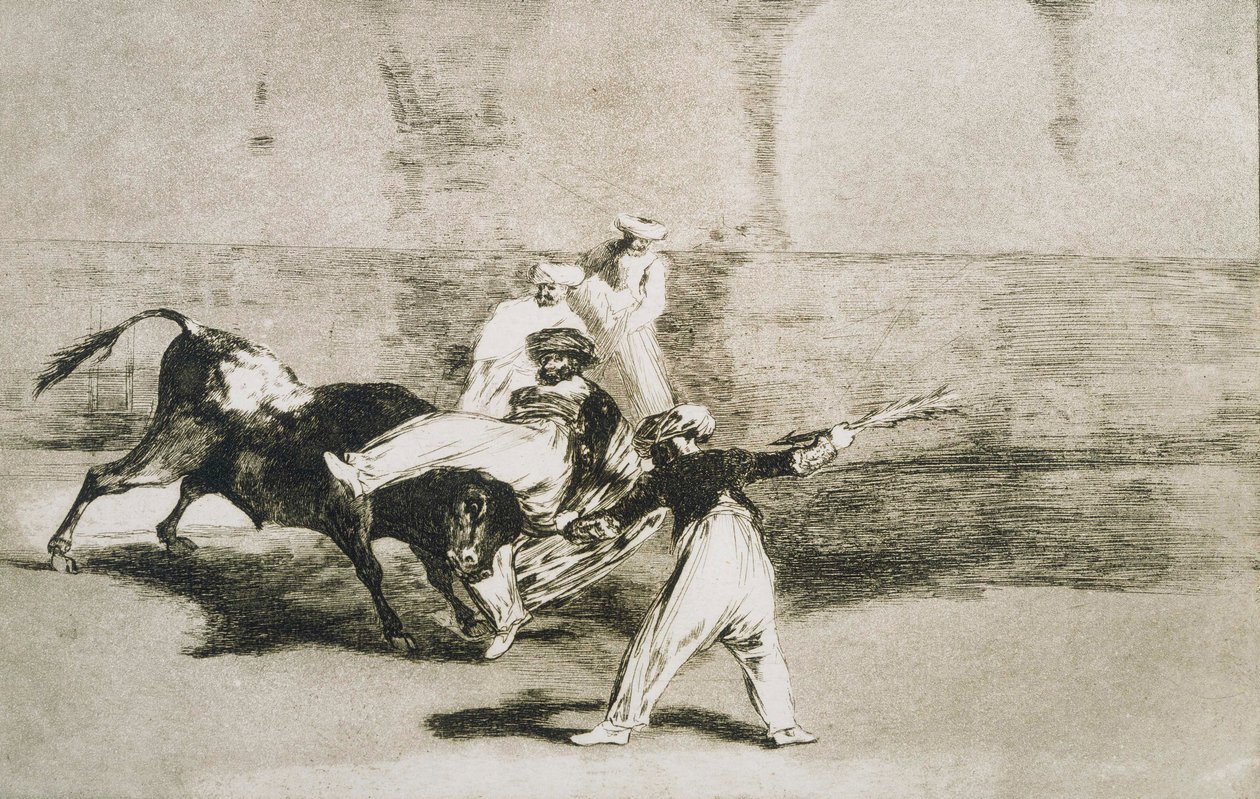 En maur fanget av oksen ... fra La Tauromaquia av Francisco de Goya