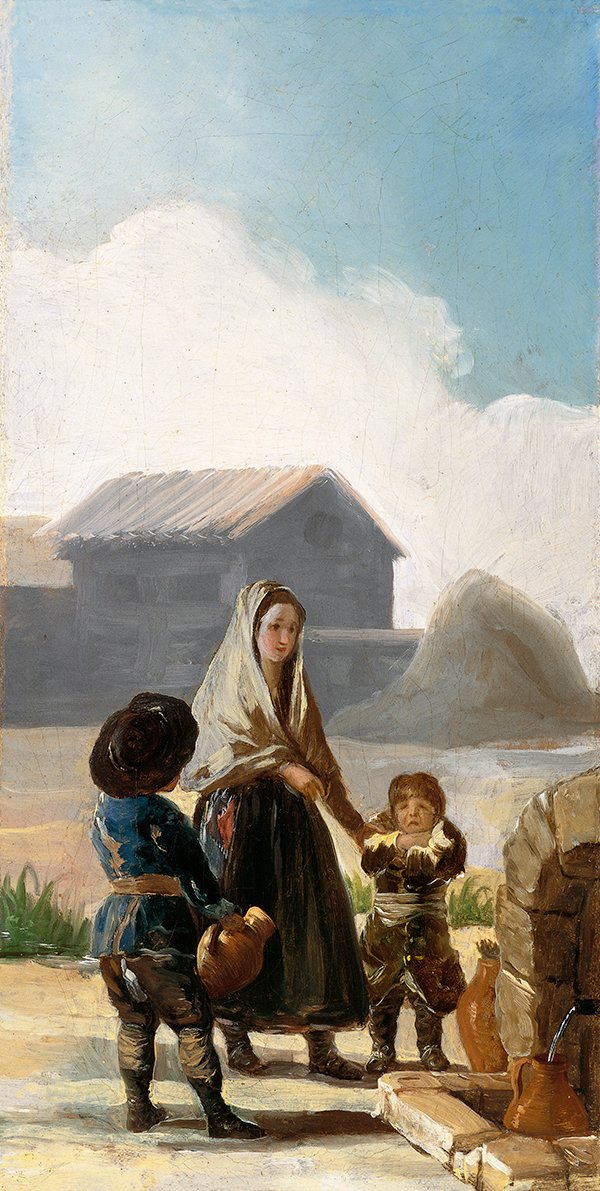En kvinne og to barn ved en fontene av Francisco de Goya